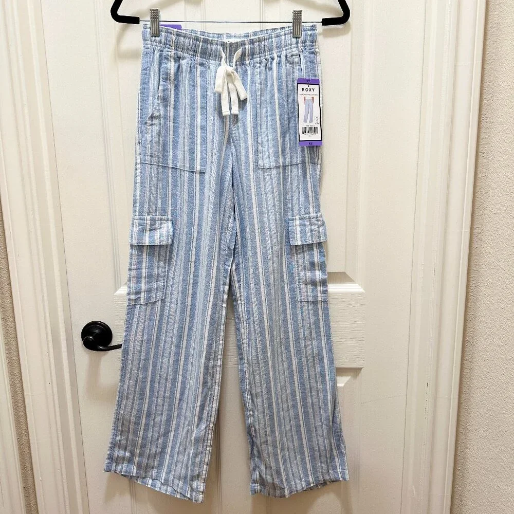 Roxy Women's Linen Blend Cargo Pant Size XS Blue Cottagecore Coastal Boho (NEW)